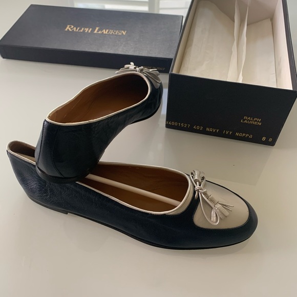 Ralph Lauren silver/navy leather loafers - Picture 2 of 7